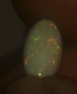 Large oval cut opal showing green and orange with hints of blue and red
