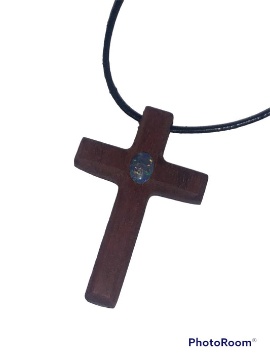 Wooden cross pendant with opal triplet