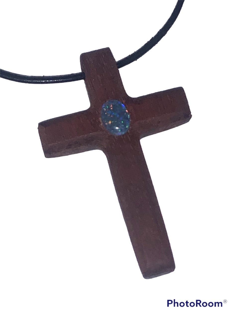Wooden cross pendant with opal triplet