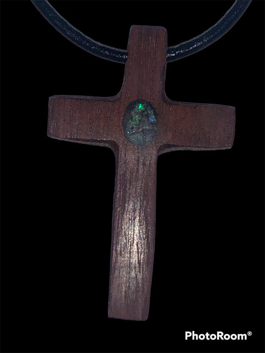 Wooden cross pendant inlaid with crystal opal chips