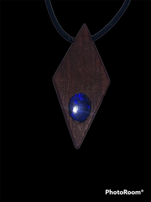 Timber diamond shaped pendant with a vivid blue / purple doublet opal from Coober Pedy