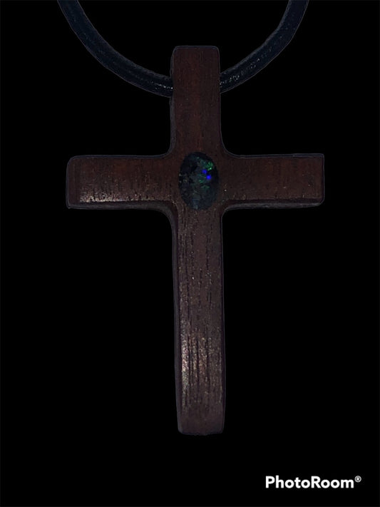Wooden cross pendant inlaid with opal chips from Coober Pedy