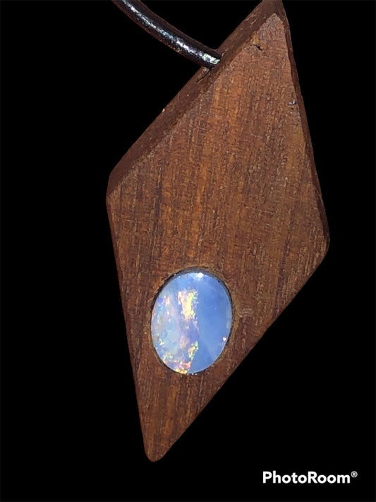 Timber diamond shaped pendant with a doublet opal