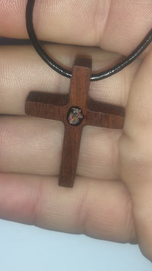 Wooden cross pendant inlaid with Andamooka opal chips