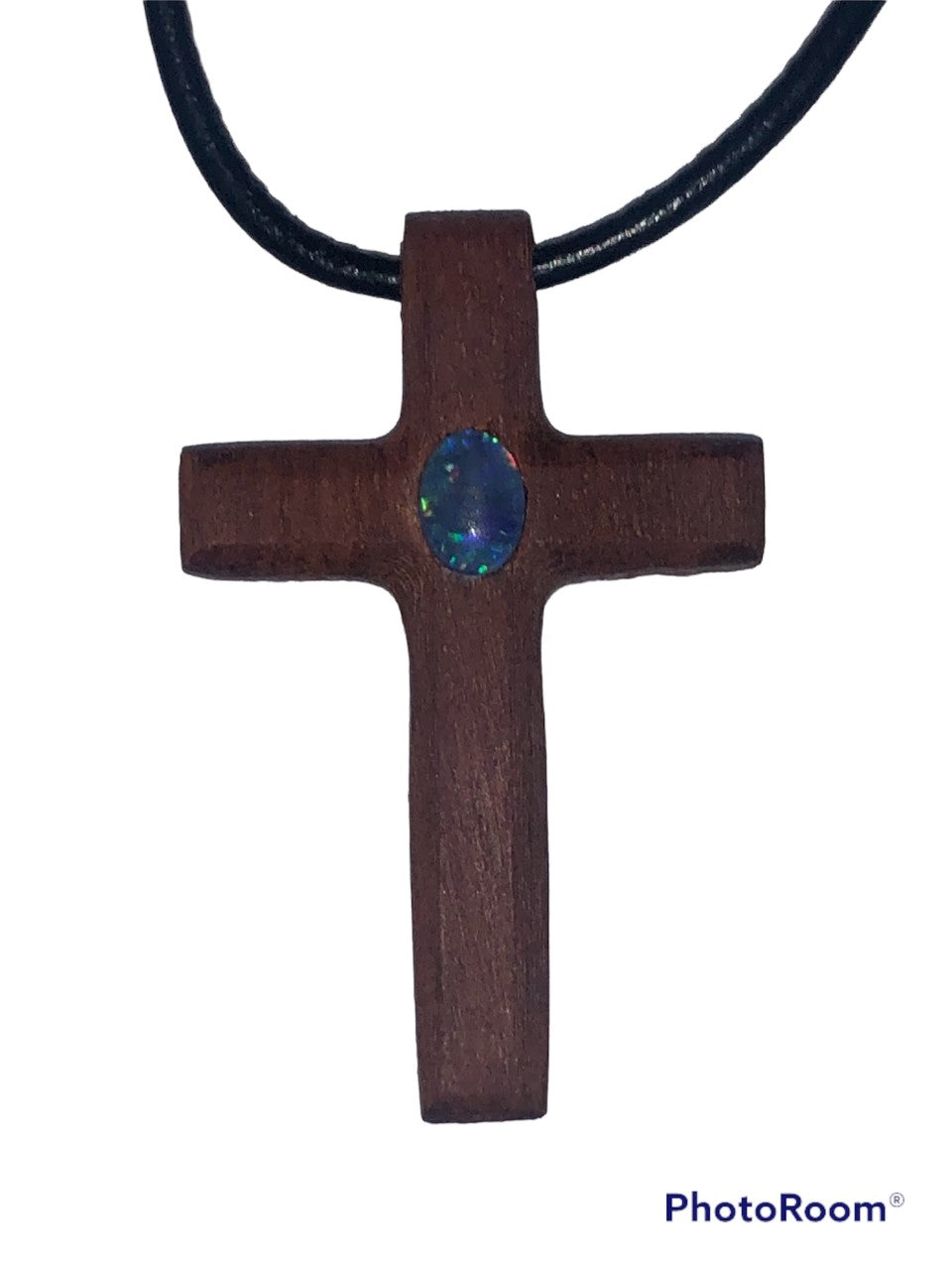 Wooden cross pendant with opal triplet