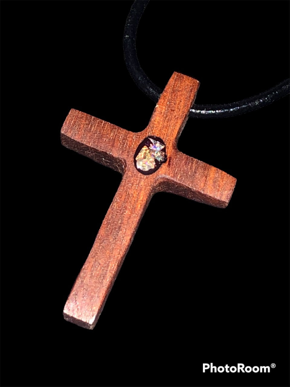 Wooden cross pendant inlaid with Andamooka opal chips